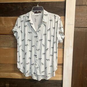 Jane + Delancey Zebra Print Short Sleeve Button Front Top Size M